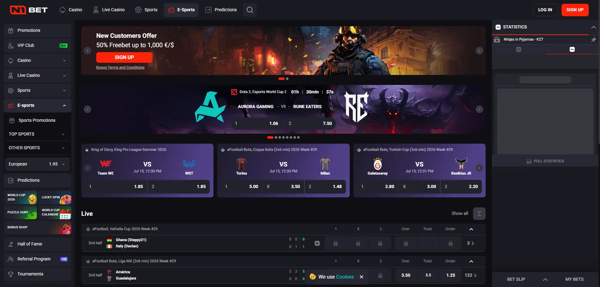 N1Bet Casino AU sports betting dashboard — football, tennis and esports markets